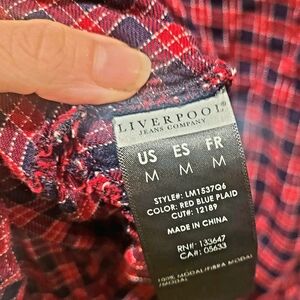 Liverpool WoMen's Red Blue Plaid Shirt Size Medium